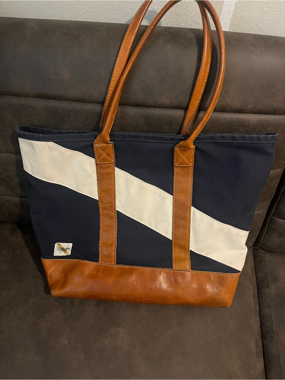 Tracksmith Navy and White Diagonal Stripe Canvas Tote with Brown Leather Trim